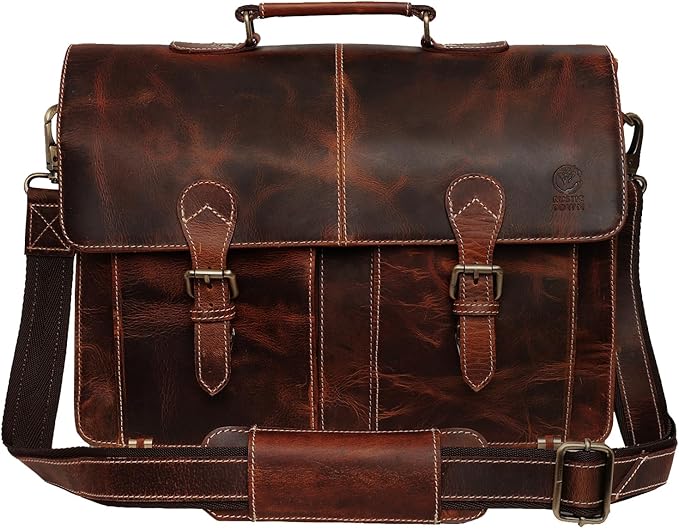 RUSTIC TOWN Handmade Leather Shoulder Briefcase Messenger Bag Mens 16 inch Laptop Satchel