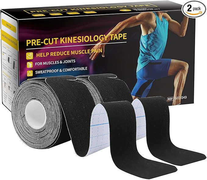 Dimora Kinesiology Tape, 40 Count Precut Strips 2 Rolls, Original Cotton, 10” Elastic Athletic Tape for Muscle Pain Relief and Joint Support, Black