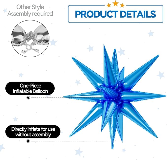 6PCS Star Balloons, 22Inch Large Blue Gold Star Balloon Explosion Foil Balloons Cone Spike Balloon for Birthday Graduation Wedding Anniversary Party Backdrops Decorations
