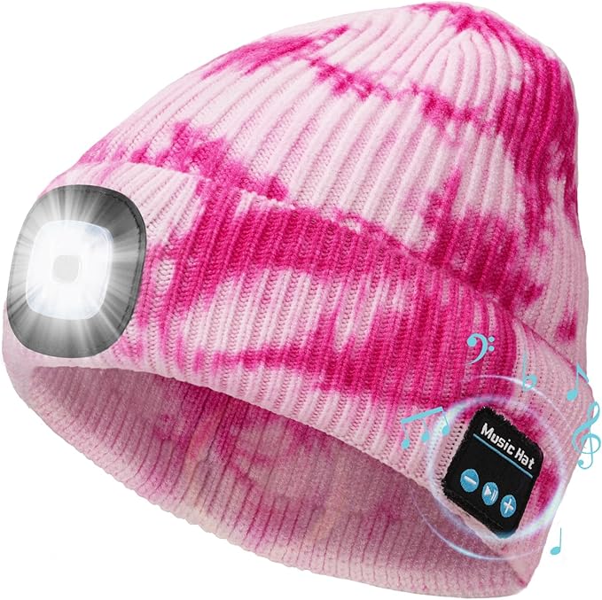 CENSGO Bluetooth Beanie with The Light, Unique Tech Gifts for Men Husband Him Teen, Wireless Headphones for Fishing Jogging Working, Christmas Stocking Pink Tie Dye