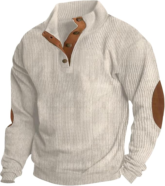 Men's Casual Corduroy Sweatshirt Long Sleeve Elbow Patches Pullover Fashion Stand Collar Quarter Button Sweatshirts