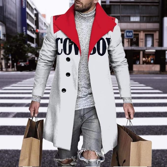 Men's Plaid Long Trench Coat Mid - Length Lapel Collar Button Down Warm Overcoat for Winter & Autumn Fashion