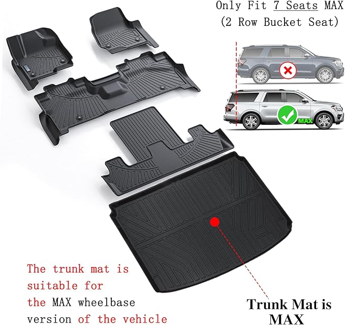 Floor Mats for Ford Expedition MAX 2018-2024 (Only Fit 7 Seats) (2 Row Bucket Seat) with Trunk mat,TPE All Weather Protection 3 Rows Car Floor Liners with Cargo Liners Accessories