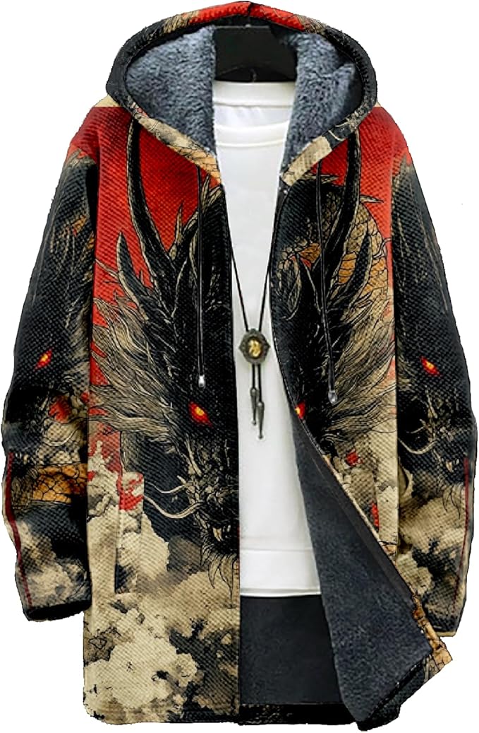 Mens Hooded Cardigan Japanese Art Zip Up Long Sleeve Sweater Hoodie Dragon Print Coat with Pockets