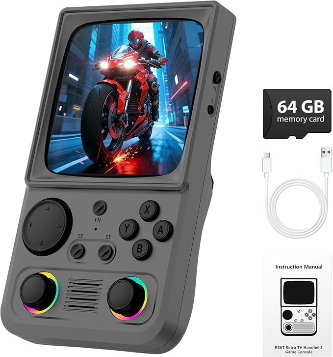 R36TMAX Retro Handheld Game Console, 4.0'' 720x720 IPS Screen, Open Source System, 64G Built-in 18000+ Classic Games, Supports WiFi Networked Fighting and OTG, 4000mAh, with Portable Case (Gray 64GB)