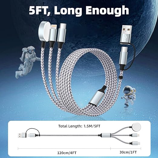 Travel Essentials 3 in 2 Charging Cable for Apple iWatch Charger, USB A/USB C Multi Charging Cable/Cord for All Devices Compatible for iWatch Ultra/SE/11-2, iPhone17 15 14, Android, More - 5FT