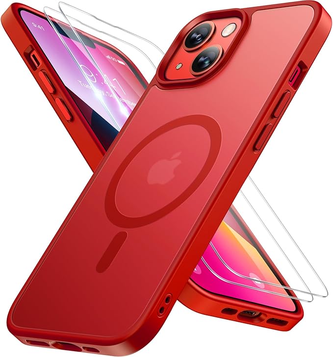 Miracase Magnetic for iPhone 13 Case 6.1 inch (Compatible with MagSafe)（with 2X Screen Protectors） Military-Grade Protection, Anti-Fingerprint Translucent Matte Phone Case Cover, Red