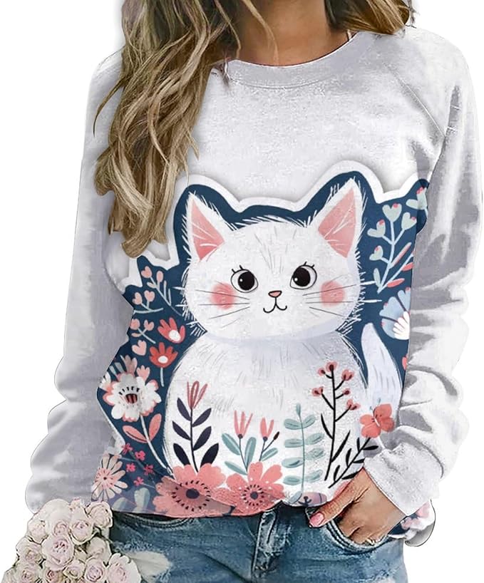 Sweatshirt for Women Cat Print Fashion Funny Plus Size Ladies Dressy Crewneck Casual Trendy Tee Shirts