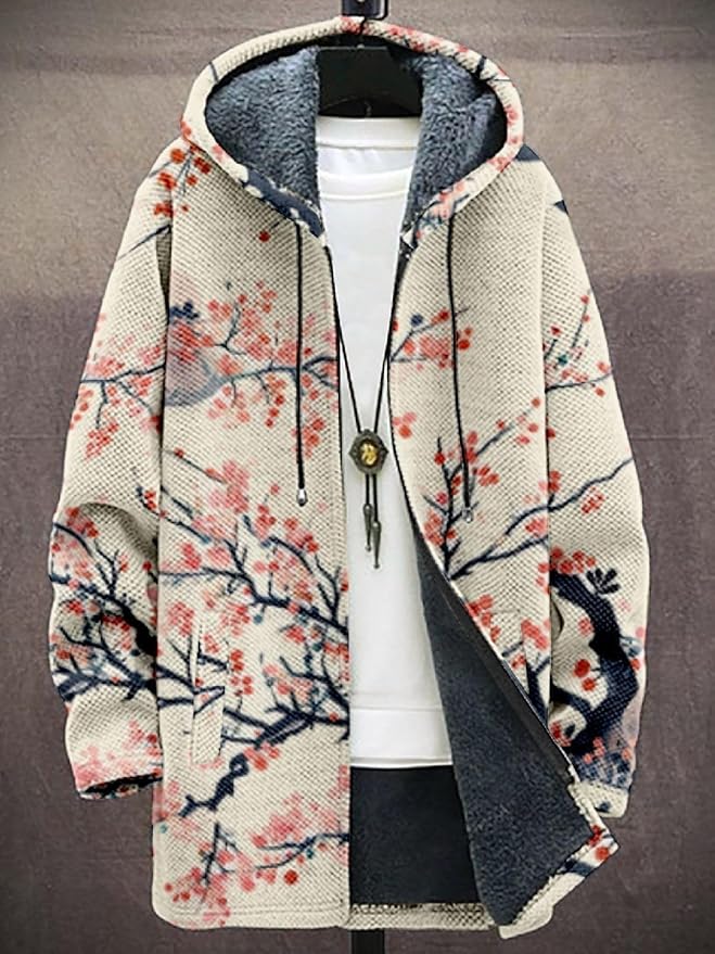 2025 Men's Ethnic Pattern Hooded Jacket Long Cardigan Hoodies Full Zip Vintage Knitted Zipper Coat with Pocket