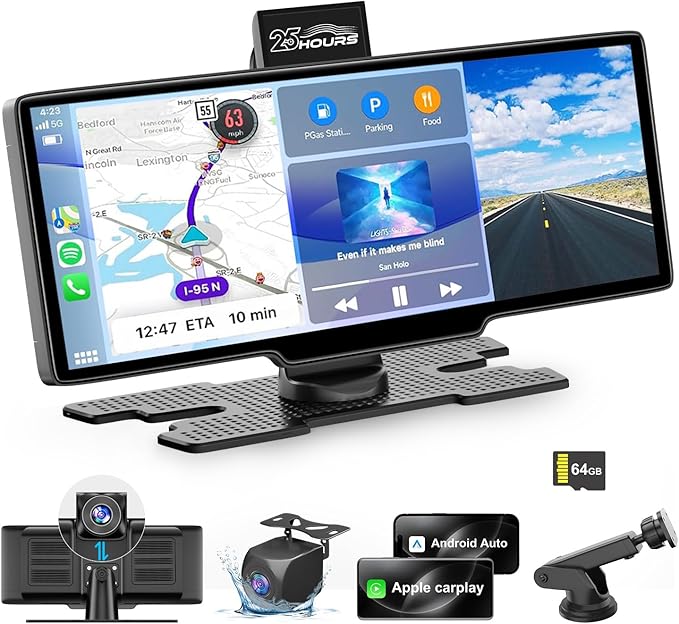 HK3 Carplay Screen for Car, 10.26’’ Wireless Apple Car Play & Android Auto Touch Screen, 4K Dash Cam, 1080P Backup Camera, Car Stereo, GPS Navigation/Mirror Link/Bluetooth/Voice Control, Plug and Play
