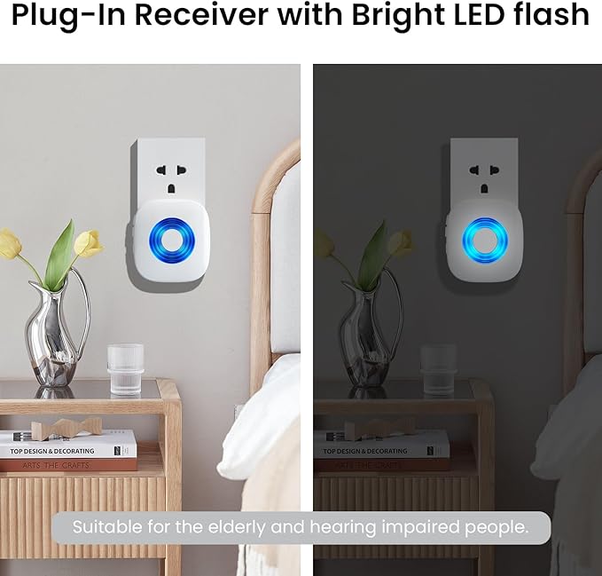 Wireless Doorbell, PHYSEN Waterproof Door bell Chime Kit Operating at 1300-ft Range 58 Adjustable Melodies 5 Volume Levels & LED Flash, Doorbell Alarm for Home/Classroom, 2 Push Buttons+4 Receivers