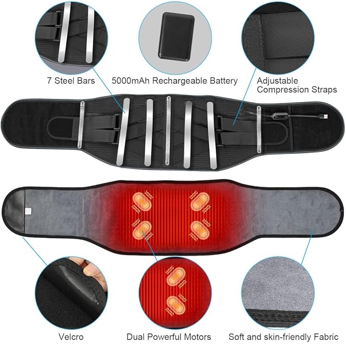 Cordless Heating Pad Back Massager Brace, Rechargeable Heated Back Brace and Massage Belt for Lower Back Pain Relief(L)