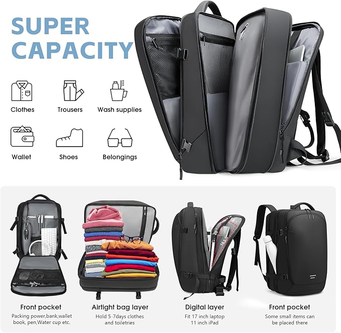 Vacuum Compression Backpack for Travel, 47L Expandable Backpack with Pump, 17 inch Laptop Backpack Luggage Flight Approved with Vacuum Compression System