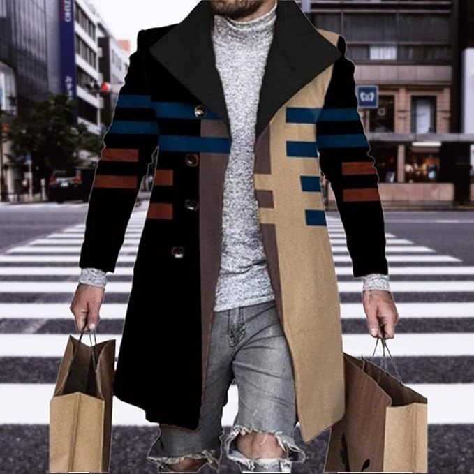 Men's Plaid Long Trench Coat Mid - Length Lapel Collar Button Down Warm Overcoat for Winter & Autumn Fashion