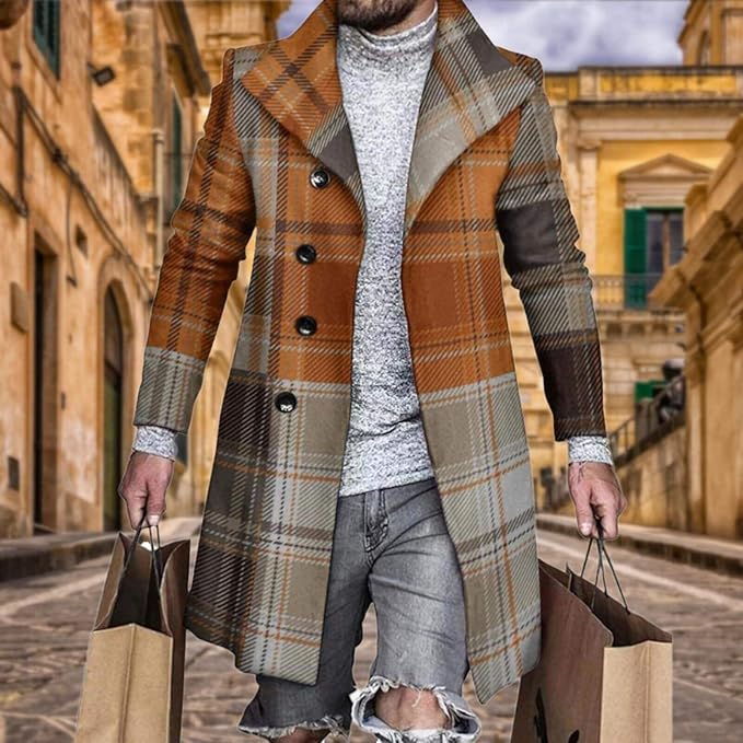 Men's Plaid Long Trench Coat Mid - Length Lapel Collar Button Down Warm Overcoat for Winter & Autumn Fashion