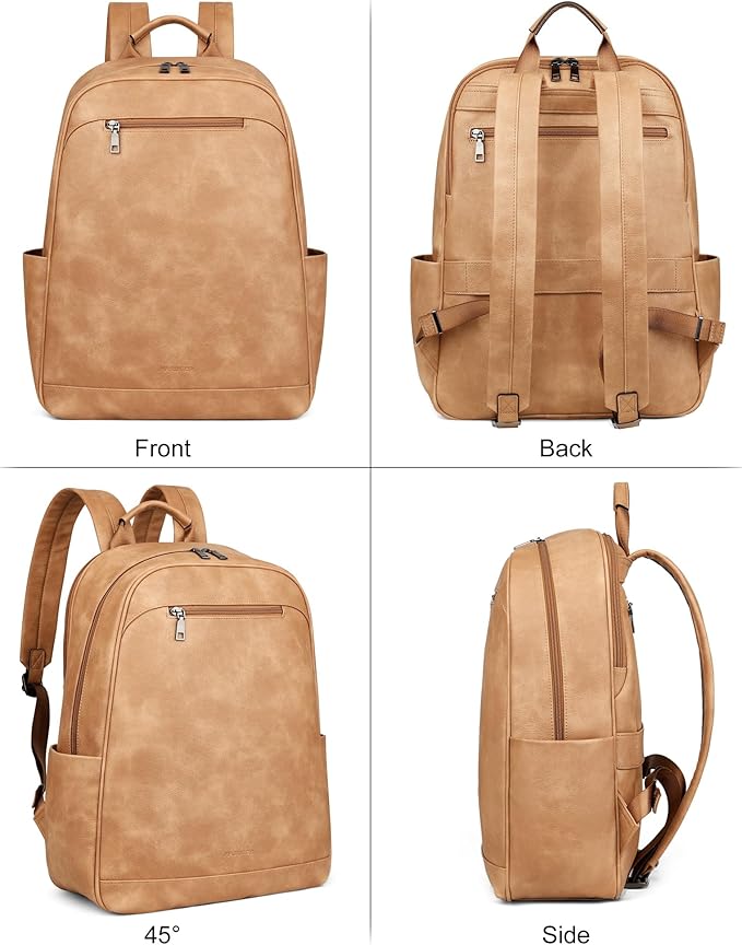 MASINTOR 15.6 inch Leather Laptop Backpack Purse for Women, Designer Travel and Work Bag with Laptop Compartment Retro Camel