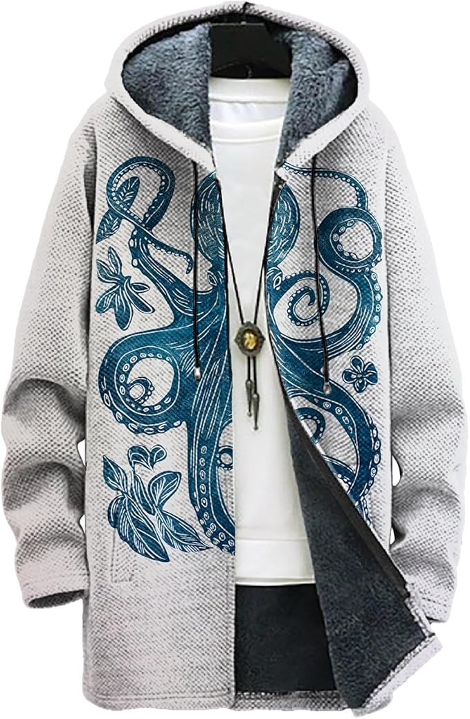 MARSVOVO Long Hooded Cardigan Men Japanese Art Style Fashion Cool Graphic Streetwear Winter Warm Lined Fleece Jacket
