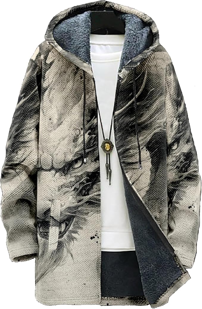 Mens Hooded Cardigan Japanese Art Zip Up Long Sleeve Sweater Hoodie Dragon Print Coat with Pockets