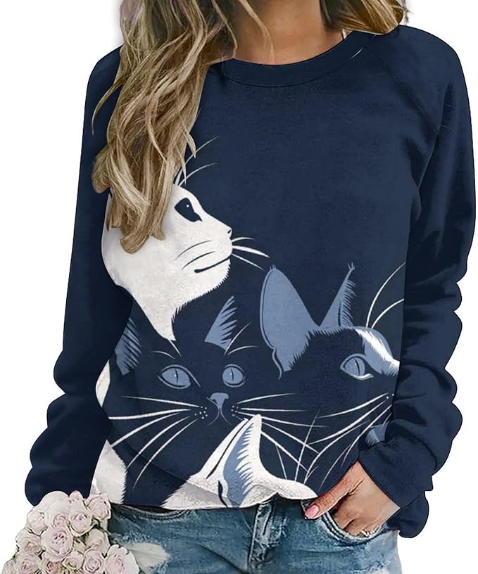 Fall Sweaters for Women 2024 Cat Print Long Sleeve Casual Crewneck Warm Fall Pullover Comfy Fashion Sweatshirts