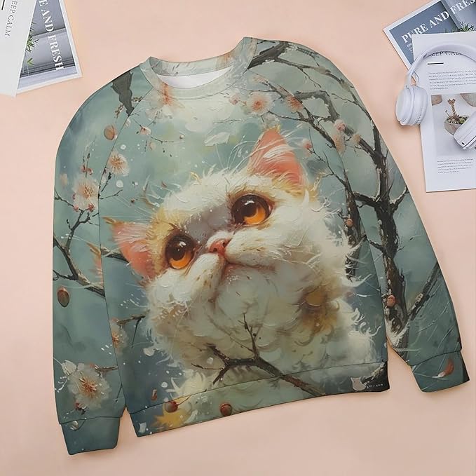 Sweatshirt for Women Cat Print Fashion Funny Plus Size Ladies Dressy Crewneck Casual Trendy Tee Shirts