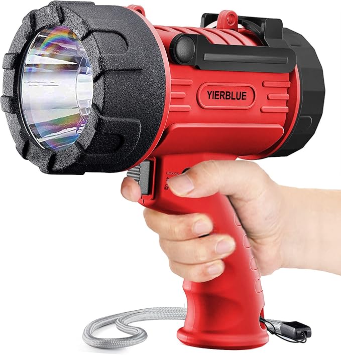 YIERBLUE Rechargeable Spotlight Flashlight with 100,000 High Lumen LED, IP67 Waterproof Long Running Spot Light searchlight, Impact Resistant Handheld Spotlight with Foldable Stand and Red Lens