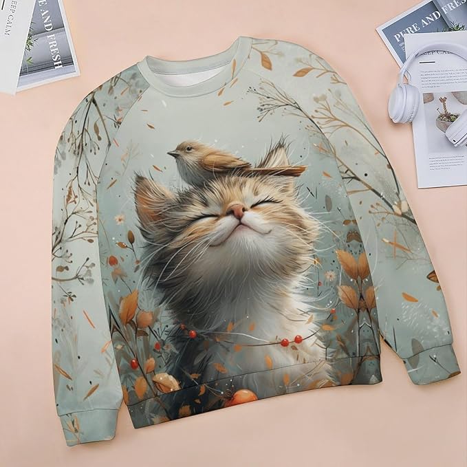Sweatshirt for Women Cat Print Fashion Funny Plus Size Ladies Dressy Crewneck Casual Trendy Tee Shirts