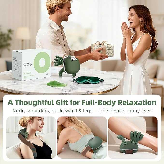 Neck Massager - Portable Shiatsu Neck and Back Massager, Bionic Heat Electric Shoulder Massage for Pain Relief, 4D Kneading Massage, Simulated Human Hand Design for Neck, Back, Shoulder-Green
