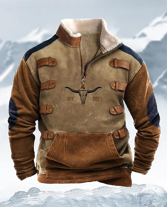 Western Sweatshirts for Men Aztec Retro Pullover Quarter Zip Sweatshirt Mens Stitching Color Fleece Sweatshirt