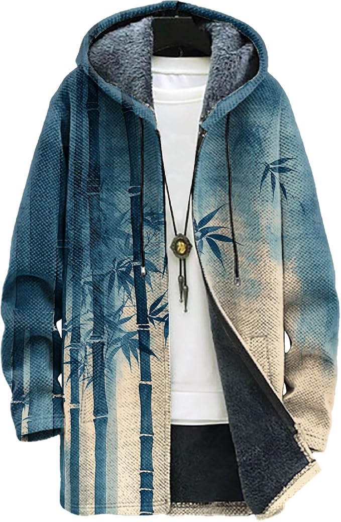 MARSVOVO Long Hooded Cardigan Men Japanese Art Style Fashion Cool Graphic Streetwear Winter Warm Lined Fleece Jacket
