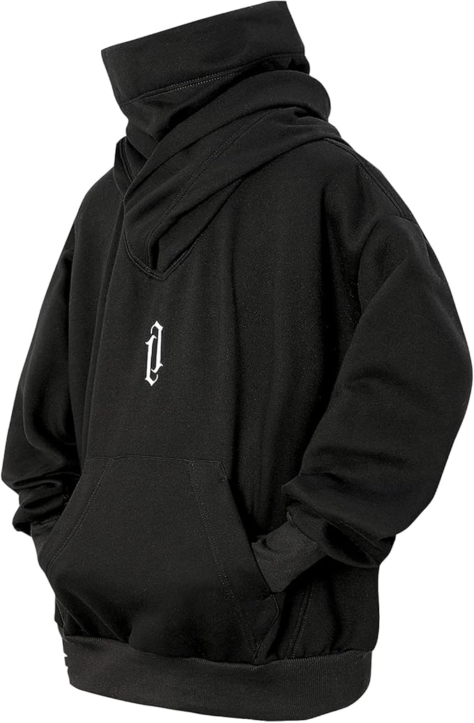 Fleece Hoodies for Men Cowl Neck Sweatshirts Hood with neck Gaiter Casual Pullover Fall Winter with Embroidery
