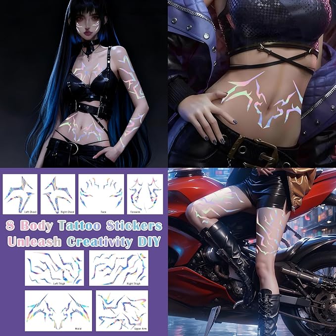 8 Rumi tattoos, trendy anime Rumi cosplay purple temporary tattoo stickers, Halloween cosplay party waterproof cosplay costume accessories (Laser)