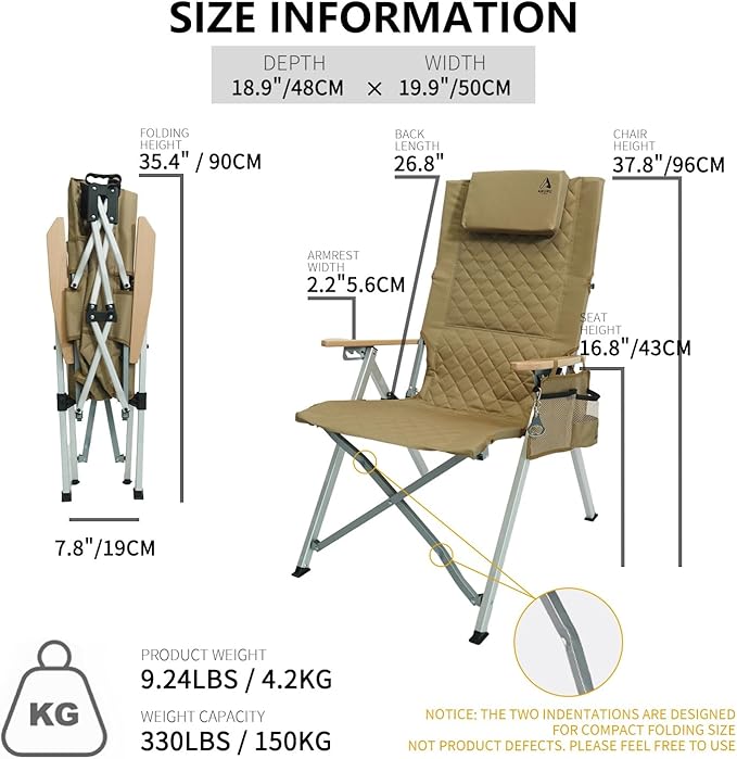 Aluminum Reclining Camping Chair, Heavy Duty Folding Lawn Chairs with 4-Stage Adjustable High Back for Adults, Compact Foldable Outdoor Patio Reclining Chair (Khaki, 1 Pack)