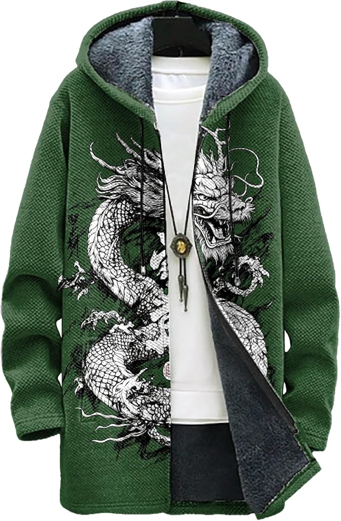 MARSVOVO Long Hooded Cardigan Men Japanese Art Style Fashion Cool Graphic Streetwear Winter Warm Lined Fleece Jacket