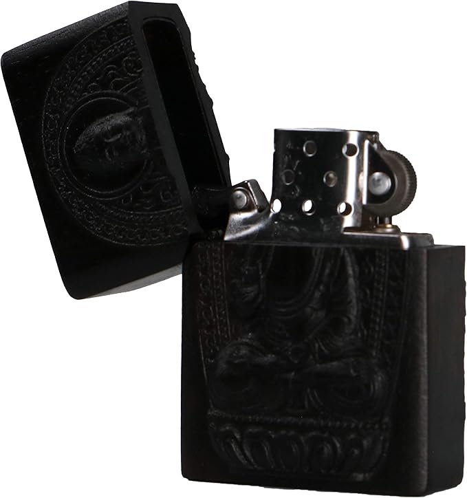 Natural Ebony Black Wood Carved Lighter Shell Box For Zippo Module (Protector Deity/Shakyamuni Amitabha Buddha)