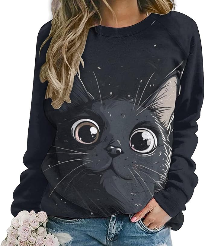 Long Sleeve Shirt Women Fall Cat Print Funny Hide Belly Vacation Plus Size Ladies Hippie Dressy Sweaters