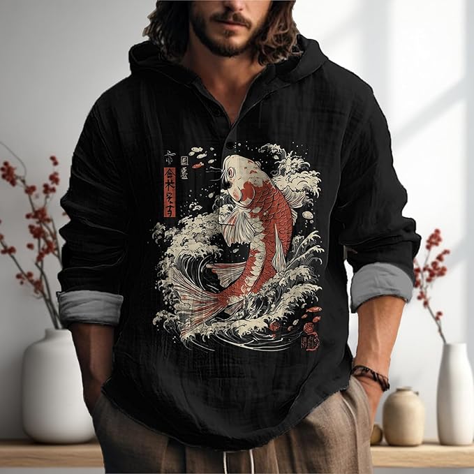 MARSVOVO Mens Japanese Art Long Sleeve Hooded Shirts Lightweight Quarter Button Hoodie Casual Cool Tops for Spring Fall