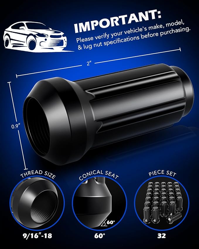Orion Motor Tech 9/16-18 Wheel Lug Nuts 32 Pack, Black 9/16 x 18 Trim Lug Nuts 2 inches Tall Spline Drive Cone Seat Compatible with Dodge 1994-2011 Ram 2500 3500 Aftermarket Wheel 8x6.5 5x5.5