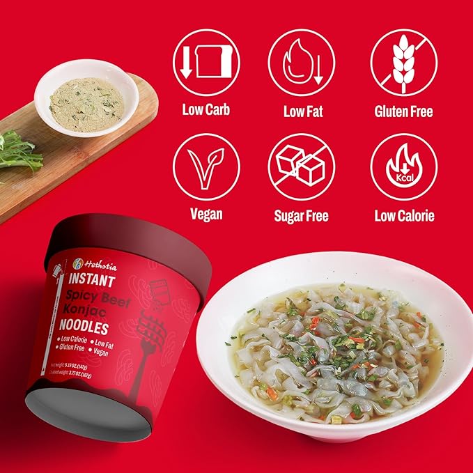 Hethstia Konjac Noodle Spicy Beef Soup, 6-Pack Instant Shirataki Pho Soup Cup, Low-Calorie 34.32 oz Konjac Pho Pasta Spicy Beef Broth, Sugar-Free, Low-Carb, Gluten-Free, Vegan Healthy Asian Meal