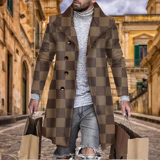Men's Plaid Long Trench Coat Mid - Length Lapel Collar Button Down Warm Overcoat for Winter & Autumn Fashion
