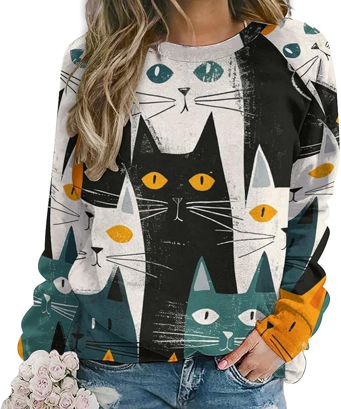 Fall Sweaters for Women 2024 Cat Print Long Sleeve Casual Crewneck Warm Fall Pullover Comfy Fashion Sweatshirts