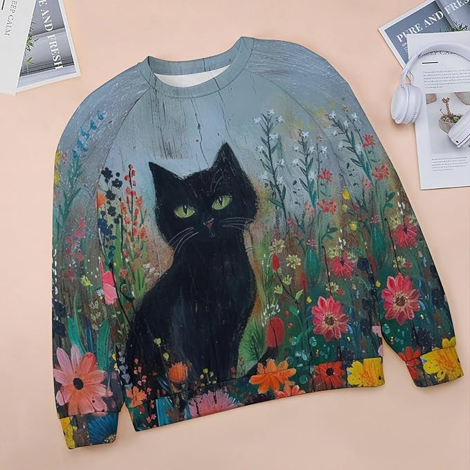 Sweatshirt for Women Cat Print Fashion Funny Plus Size Ladies Dressy Crewneck Casual Trendy Tee Shirts