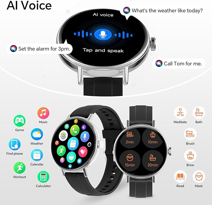 Smart Watches for Men/Women,1.27" HD Fitness Watch Answer/Make Call, Heart Rate/Sleep/SpO2，Round Smart Watch for iPhone/Samsung/Android,IP68 Waterproof，110+ Sport Mode-Black(2 Bands)