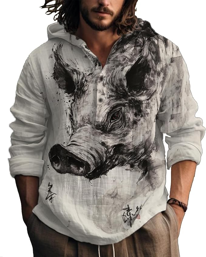 MARSVOVO Hooded Long Sleeve Shirt Men Fashion Graphic Button Up Lightweight Big and Tall Casual Vacation Shirts for Men