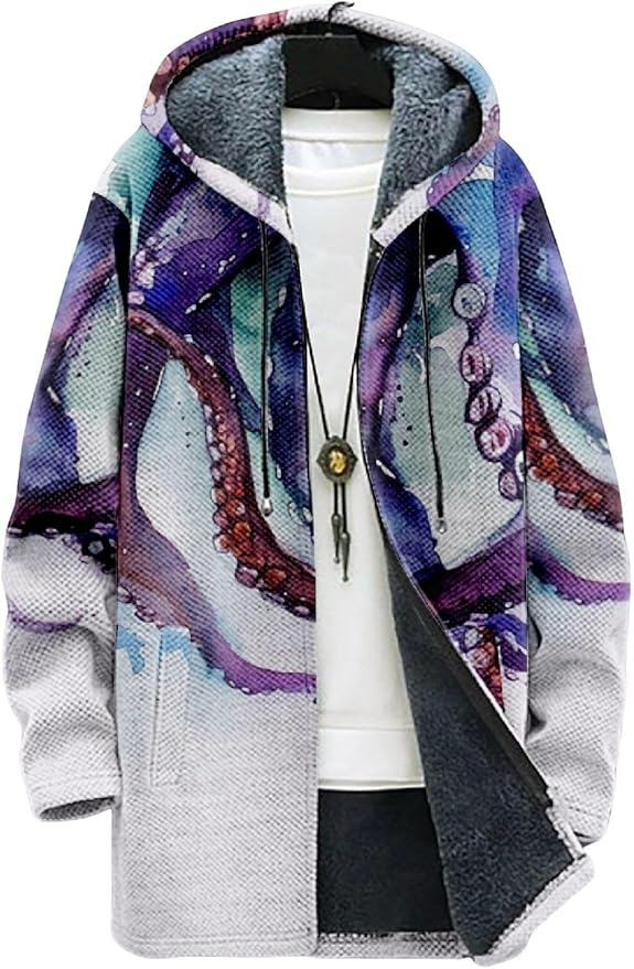 2025 Men's Ethnic Pattern Hooded Jacket Long Cardigan Hoodies Full Zip Vintage Knitted Zipper Coat with Pocket