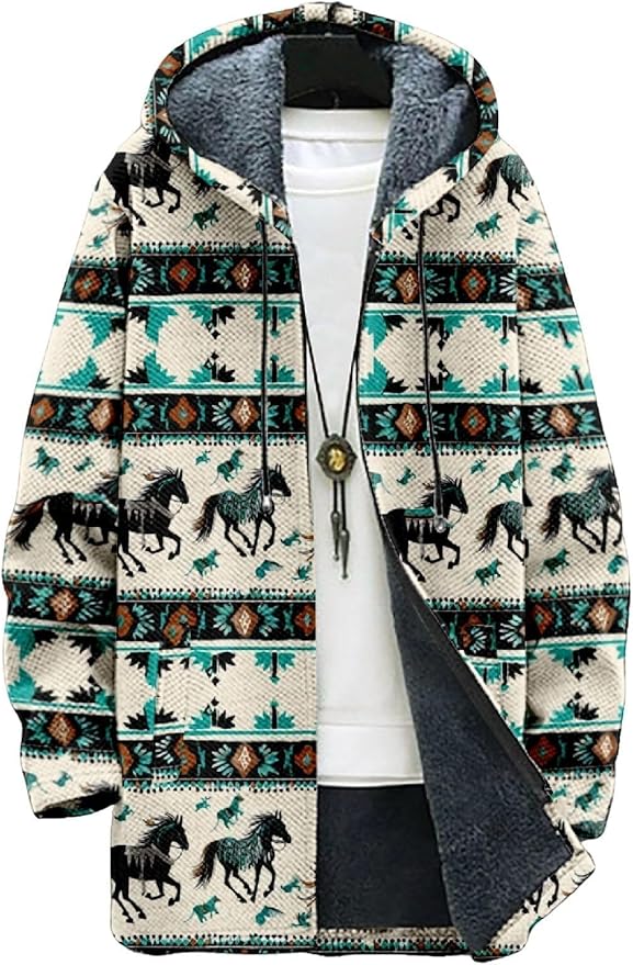 2025 Men's Ethnic Pattern Hooded Jacket Long Cardigan Hoodies Full Zip Vintage Knitted Zipper Coat with Pocket