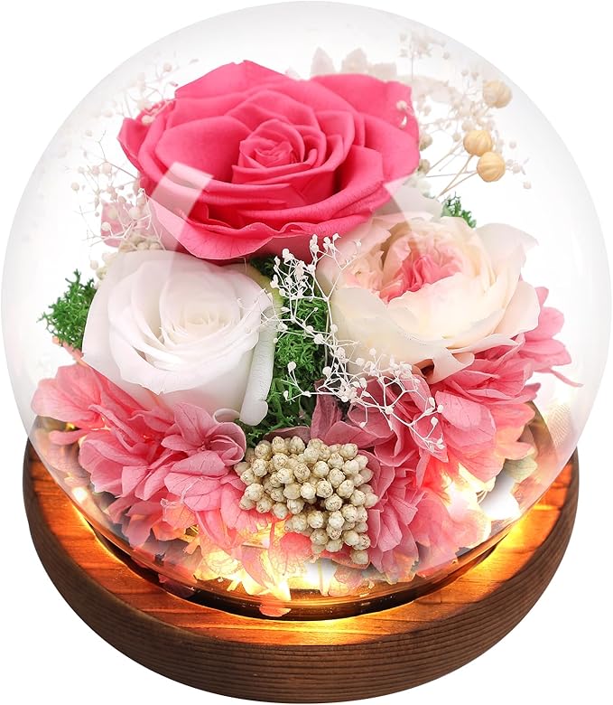 Preserved Flowers,Rose in Glass Dome with LED Light, Gifts for Her, Women, Mom,Grandma,Girlfriend, Wife- Style4