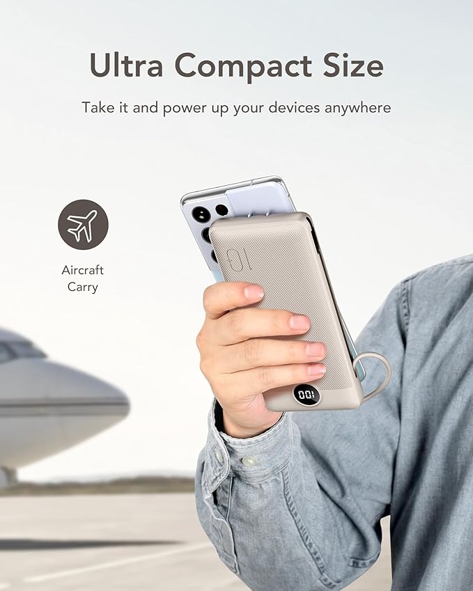 VEGER Portable Charger with Built-in AC Plug and Cables, All in One 10000mAh Ultra Slim Power Bank Travel Essentials, 15W Fast Charging Battery Pack Compatible with iPhone, Samsung, Android (Coffee)