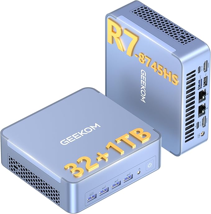 GEEKOM AX8 Max Mini PC with AMD Ryzen 7 8745HS Dual 2.5GbE LAN Port(Beat Ryzen 7 H255)| 32GB DDR5, 1TB NVMe SSD | Radeon 780M, USB4.0(40Gbps), Quad Display| Win11 Pro for Gaming,Office,Video Editing