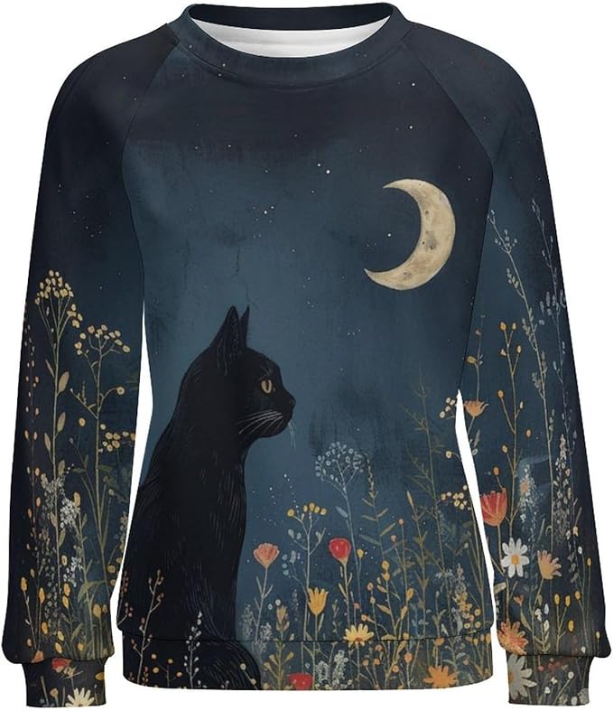 Sweatshirt for Women Cat Print Fashion Funny Plus Size Ladies Dressy Crewneck Casual Trendy Tee Shirts