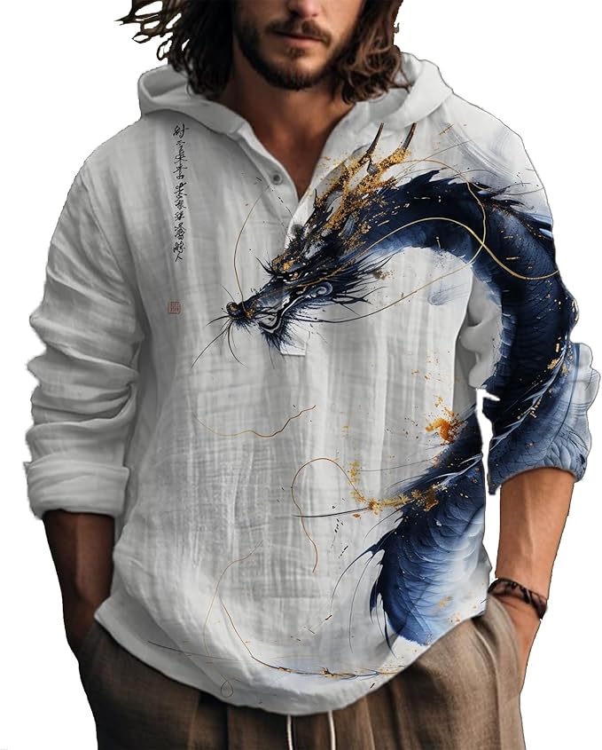 MARSVOVO Hooded Long Sleeve Shirt Men Fashion Graphic Button Up Lightweight Big and Tall Casual Vacation Shirts for Men